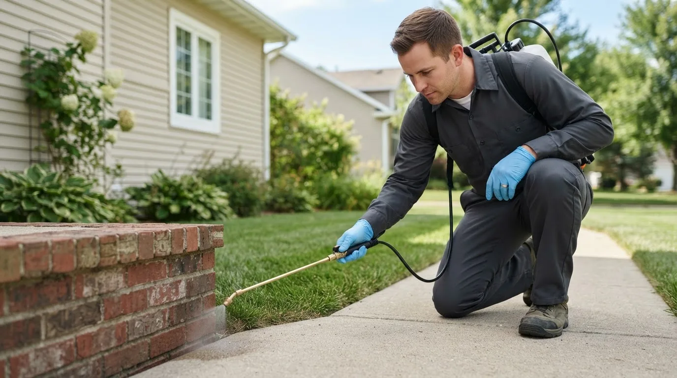 Pest control technician treating a home near Irene, SD
